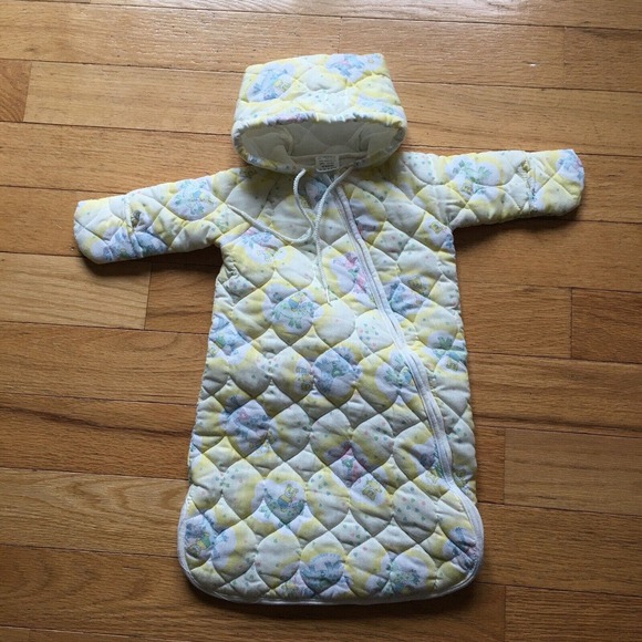 Vintage Bunting Triboro Infant Newborn Baby Sack Hood Quilted Pastel Horse Teddy - Picture 2 of 5